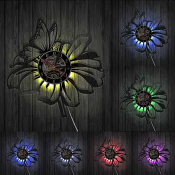 Kvety S Motýľ Moderné Vinylové dosky Nástenné Hodiny 3D Quartz Prírody Bloom Wall Art Svetlo Dievčatá, Izba Garden Park Stenu Decor