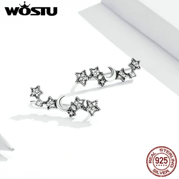 WOSTU Stars & Moon Stud Náušnice Reálne 925 Sterling Silver Žiarivý Zirkón Stud Náušnice Pre Ženy Kórea OL Štýl Šperky CQE926