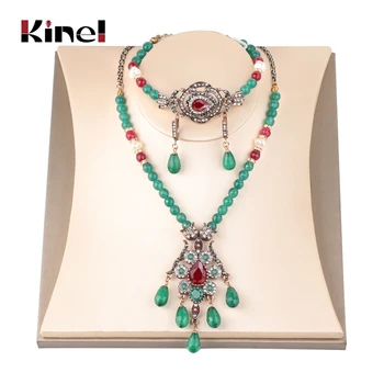 Kinel Prehnané Vintage Svadba Šperky Zelený Prírodný Kameň Indickej Etnických Šperky Ženy Náhrdelník Krištáľový Náramok Náušnice