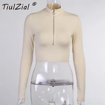TiulZial Zips, Dlhý Rukáv Plodín Top Ženy Streetwear Biele Tričko Lady Žena Bežné Krátky Top Oblečenie Lady