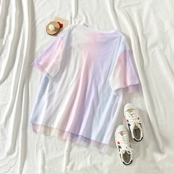 Mooirue Farba Gradient T-shirt Žena 2019 Lete Oka Patchwork Vintage Streetwear kórejský Príležitostné O Neck Tee Topy, Košele Ženy