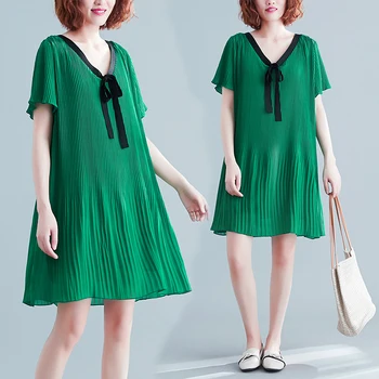 #0226 Lete Zelené Skladaný Šifón Šaty Ženy Krátke Rukávy Príležitostné Voľné Nadrozmerné V Krku Bežné A-line Mini Šaty Dámske
