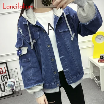 Nadrozmerné Džínsy Kabát Ženy Jar Jeseň Harajuku Hoodied Roztrhlo Denim Jacket Ladies Kórejský Módne Vintage Bežné Outwear 2020