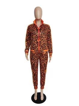 Orange Leopard Tlač Tepláková súprava Ženy Oblečenie Zodpovedajúce Sady Salónik Nosenie Dvoch Kus Set-Top a Nohavice Joggers Bežné Potu Vyhovuje