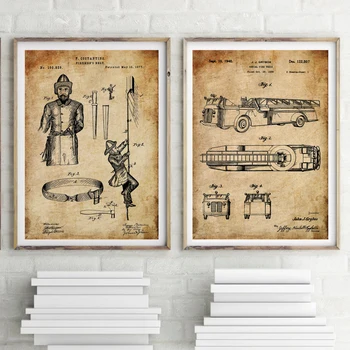 Vintage patent umenie výtlačkov na hasič výstroj obliekať fire trucks stenu decor vytlačí 6 v 1 bez rámu