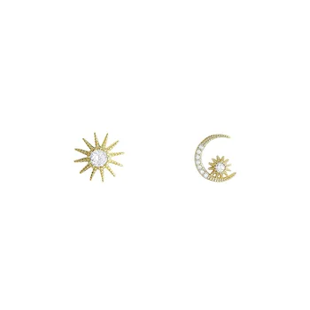925 Rýdze Striebro, 14 karátové Zlato Sun Moon Asymetrické Stud Náušnice Ženy Vynikajúce Sladké Študent Šperky Priateľku, Darček