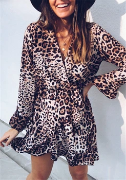 Hirigin Sexy Ženy, Dlhý Rukáv V krku Snakeskin Leopard Vytlačené Mini Šaty Volánikmi Klubu Strany Móda Jeseň Vestido Nové