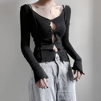 Y Demo Bežné Slim T-shirt Ženy O Krk Dlhý Rukáv Minimalistický Duté Sa Čaj Ženské Módne Oblečenie 2020
