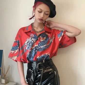 Cheerart Harajuku, Blúzky, Ženy Krátke Rukáv Dragon Tričko Červené, Modré Letné Topy A Blúzky Femme Streetwear Japonskej