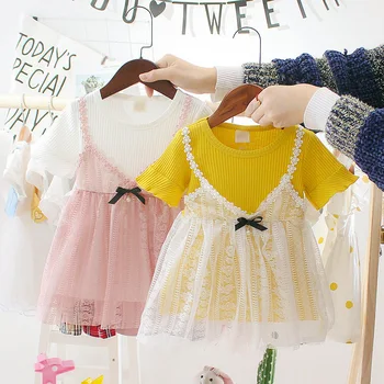 Dieťa dievča Princezná Šaty Pre Deti, Oblečenie 2019 Letné Baby Čipky Lištovanie Šaty Bežné Batoľa Novorodenca Falošné Dva kusy Šaty