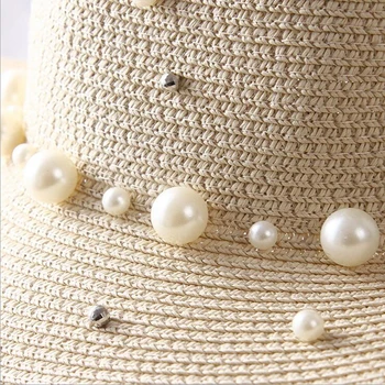2019 Lete dievčatá British pearl lištovanie ploché brimmed slamený klobúk Zatienenie slnka klobúk Lady pláž hat