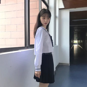 Kórejský Japonský Študent strednej Školy, Jednotné Ženy, Dievčatá JK Oblek, Biela Blúzka Skladaný Kolená Dĺžka Sukne Námornícky Kostým Tmavomodrý Oblek