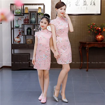 Deti Dievča Retro Qipao Strany Svadobné Šaty, Matka, Dcéra Čínskej Tradičnej Elegantné Cheongsam Ženy Vintage Qi Pao Tang Oblek