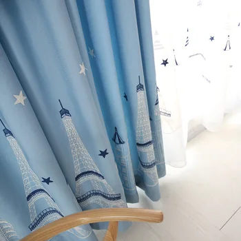Stredomorská moderné kórejské Cartoon modrá hrad hviezd, Vyšívané záclony úplnej tylu Detskej izby, spálne, windows chlapec dievča