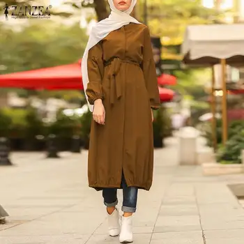 Vintage Pevné Moslimské Oblečenie Žien Lístkového Rukáv Sundress ZANZEA Bežné Tlačidlo Midi Vestidos Belted Žena Pevné Šaty Plus Veľkosť