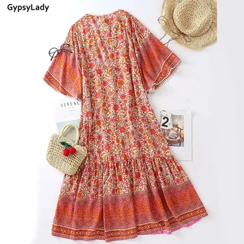 GypsyLady Vintage Boho Chic Šaty pre Ženy Červené Kvetované Letné Šaty Strapec tvaru Voľné Svetlice Rukáv Plážové Šaty Bežné Ženy