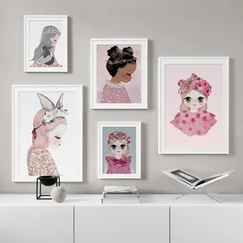 Karikatúra Roztomilý Dievča Kvet Králika Zvierat Wall Art Plátno Na Maľovanie Nordic Plagáty A Vytlačí Na Stenu Obrázky Baby Detská Izba Decor