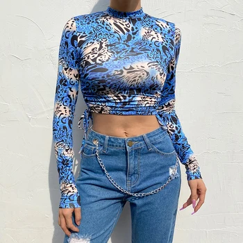 Darlingaga Streetwear Modrá Leopard Tlač Bodycon Žena T-shirt Strane Šnúrkou y2k Top Sexy Ostrihané Jeseň tričko Tee Košele