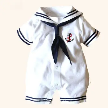 2021 Nové Značky Letné Baby Boy Šaty Dieťa Navy Štýl Kotvy Námorník Krátke rukáv Romper Jumpsuit Oblečenie Nové Oblečenie, 4-18 M