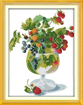 Jahody a poháre na víno, cross stitch vyšívanie auta ovocie potraviny 14ct 11ct vopred pečiatkou tkaniny, výšivky HOBBY ručné vyšívanie