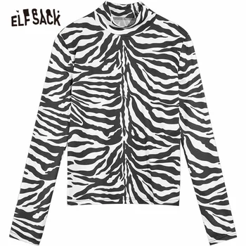 ELFSACK Zebra Prekladané Bežné Slim T-Shirts Ženy Oblečenie,2021 Zimné ELF Celý Rukáv kórejský Dámy,Základné Denne Grafické Topy