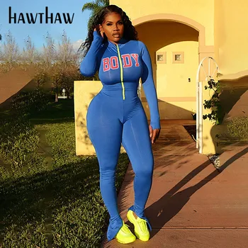 Hawthaw Ženy Jeseň Zima Dlhý Rukáv List Tlač Bodycon Športové Jumpsuit Playsuit Romper 2020 Klesnúť Oblečenie, Streetwear