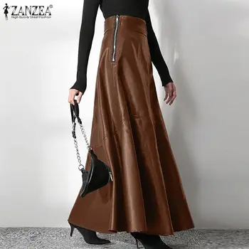 5XL ZANZEA dámske Sukne Zips PU Fashion Vysoký Pás A-line Sukne Office Dámy 2021 Jar Bežné Pevné Dno Femme Nadrozmerná