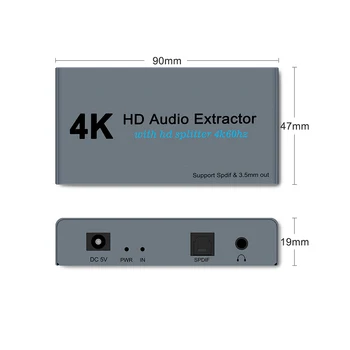 4K HDMISplitter HD Audio Extractor 1: 2 SA na Optický Spdif Toslink s 3,5 mm Stereo Audio Out Video Converter Adaptér