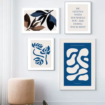 Modulárny Plátno Domova Vytlačí Abstraktné Modrá Leaf Maľovanie Plagátu Moderné Stenu Cartoon Art Obrázky Pre Obývacia Izba Č Rámovanie
