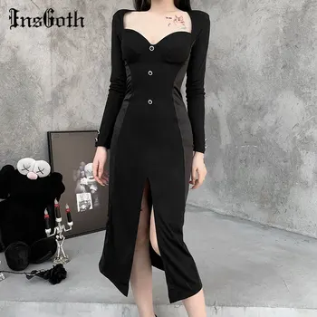 InsGoth Ročníka, Sexy Goth Štrbinové Čierne Šaty Gothic Ženy Vysoký Pás Bodycon Midi Šaty Estetické Elegantný Dlhý Rukáv Party Šaty