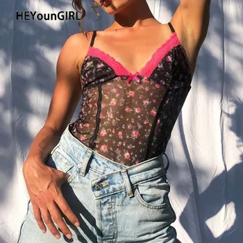 HEYounGIRL Kvetinový Tlač Patchwork Čipky Plodín Top T Shirt Dámske Letné Bez Rukávov Sexy Oka Transparentné Tričko Ženy Vintage 2020