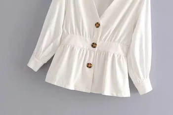 Lanbaiyijia Najnovšie Vintage White Hlboké V-Neck Single-breasted Tričko Ženy Deväť Štvrťroku Rukávom Skladaný Lem Módne Ženy, Blúzky