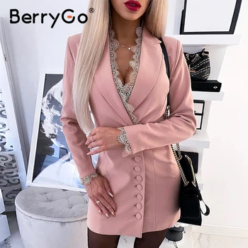 BerryGo Sexy tvaru ružová bodycon ženy sako s Dlhým rukávom čipky tlačidlo vyhovovali 2020 Jeseň zima vintage high street ženský oblek