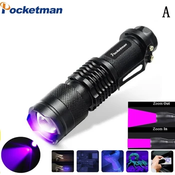 UV LED baterka Mini Pochodeň Teleskopická Zoom ultrafialového Svetla UV Black Light Pet Moču Škvrny Detektor Scorpion Lov