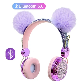 Luxury Diamond Roztomilý Bezdrôtové Slúchadlá S Mikrofónom Dievča, Chlapec, Bluetooth 5.0 Slúchadlá S Hairball Hudbu Stereo Prilbu Pre Dieťa Darček
