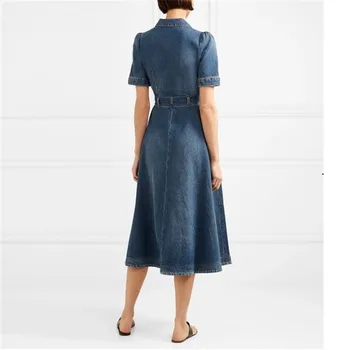 CBAFU dizajnér značky vintage big swing džínsové šaty ženy zase dole colar krátky rukáv pocket-line šaty s pásom F187