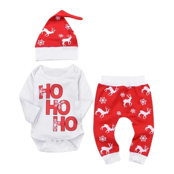 TELOTUNY Vianočný kostým súprava detské oblečenie novorodencov oblečenie nastaviť Romper Topy+Nohavice VIANOČNÉ Klobúk JXM Z0829