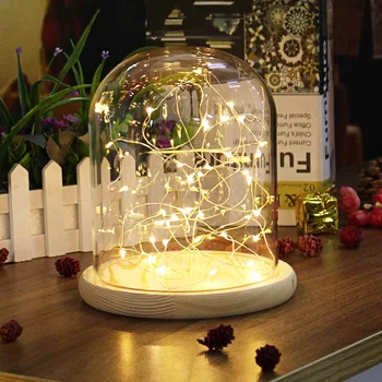 Sklo Dome Bell Jar Cloche Displej Drevený Základ 20 LED Víla String Svetlo Domova, Spálne, písací Stôl Nočné Svetlo na Vianočný Darček