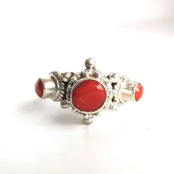 Tibetský Šperky Krúžok Nepál Strane 925 Sterling Silver Vykladané Červená Bambusu Coral Krásne Prstene pre Pár T9011