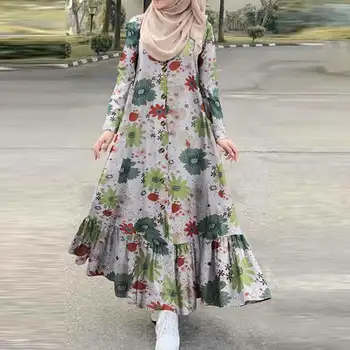 Vintage Skontrolujte Moslimské Oblečenie Žien Jeseň Sundress 2021 ZANZEA Bežné Dlhý Rukáv Prehrabať Vestidos Žena Tlačidlo Vytlačené Župan 5XL