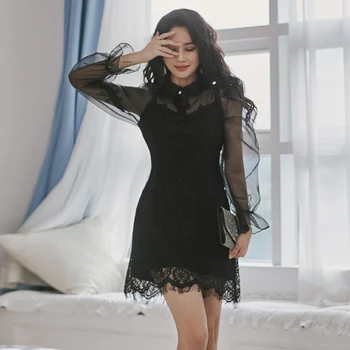 Kórea Dlhé Závoje Rukáv Organza Patchwork Bowknot Sladké Pevné A-Line Mini Čipky Party Šaty