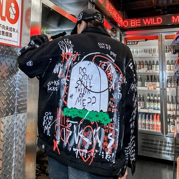 Harajuku Graffiti Otvor Rozštiepené Džínsy Mužov a Ženy Prať Retro Nadrozmerná Denim Kabát Windbreaker Hip Hop Jeans Bundy