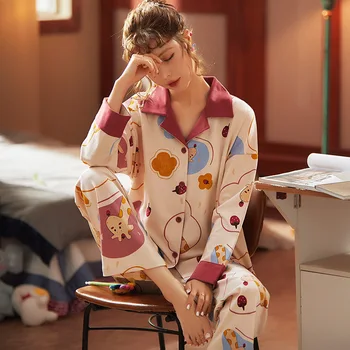 NIGHTWA Jeseň Pajama Nastaviť Žien Bavlna, Dlhý Rukáv Cardigan Klope Cartoon Voľné Veľké Veľkosti Ženy, oblečenie pre voľný čas Pyžamo Cute Pyžamo
