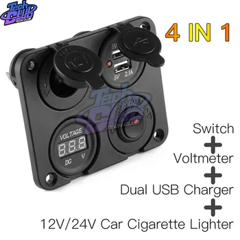 Duálne Porty USB Nabíjačka do Auta + LED Voltmeter + 12-24V elektrická Zásuvka + On-Off vypínač LED Prepnúť Panel pre Auto, Loď, Námorné RV Truck