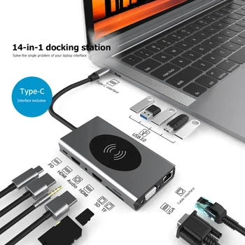 ALLOYSEED 3,5 mm USB Hub 14 v 1 RJ45 Bezdrôtové Nabíjačky Typ C, HDMI, VGA, USB TF Adaptér pre Domácnosť, Počítač Bezpečnosť Časti