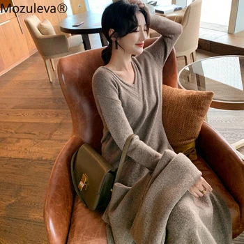 Mozuleva 2020 Ženy Sexy tvaru Teplej Dlhým rukávom Pevné sveter šaty Žena Znásobí Pletený Pulóver Šaty Dlhé Vestidos