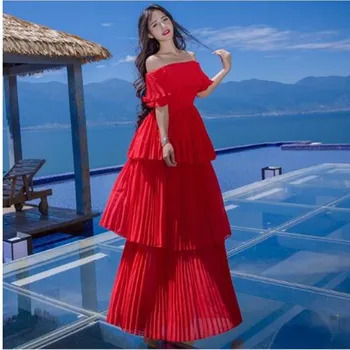 Autoportrét v Lete Dráhy plážové šaty ženy Sexy Ramena Kaskádové Prehrabať Skladaný Polovici teľa Červené biele Dlhé Šaty