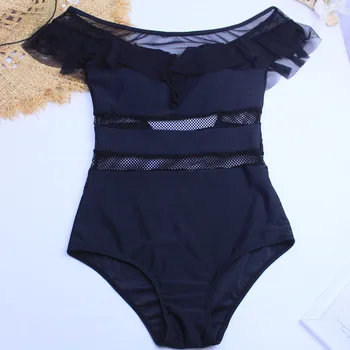 Dámske jednodielne Plavky Vintage Mimo Ramenný Rozstrapatené plavky 2020 Sexy Oka Plavky Čierna Pláž Nosiť Plus Veľkosť XL