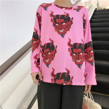 Harajuku cartoon diabol tlač tričko príležitostné voľné dlhý rukáv t-shirts ženskej módy ulzzang BF hip hop streetwear ružová topy