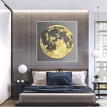 Nový Moderný Šedá Žltá Kolo Mesiac Nástenné Maľby Ručne Maľované Na Plátno Na Stenu Obrázok Pre Obývacia Izba Domova Darček